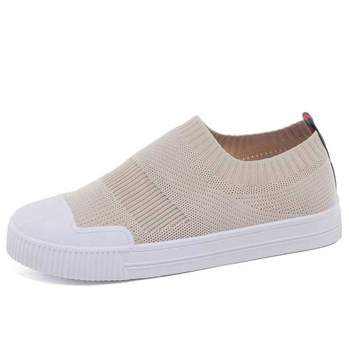 Women's beige white flyknit stripe texture slip on shoe sneaker 01